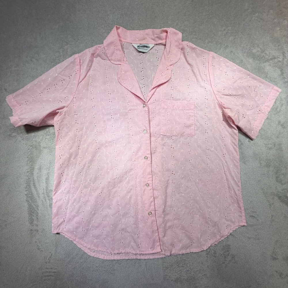 Vintage Lady‎ Blair Pink Eyelet Lace Button Up Shirt Short Sleeve 80s XL Cotton